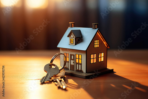 A key with a house-shaped keychain inserted into the door keyhole.