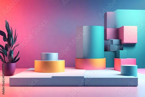 Abstract minimal concept. Modern vibrant color podium stage platform cube square display on background room. Mock-up template for product presentation