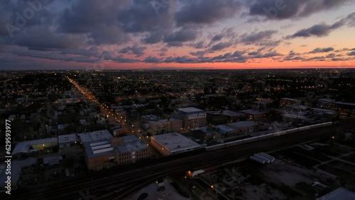 Birds Eye View at Dusk of Metra Train Arriving in Chicago