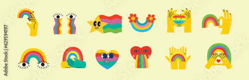 Pride LGBTQ icon set of related symbols set in rainbow colors: Pride Flag, Heart, Peace, Rainbow, Love, Support, Freedom Symbols. Gay Pride Month. Flat design signs isolated on white background
