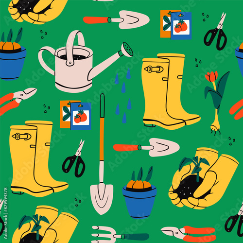 Various garden items. Gardening Tools. Gloves with seedling, flower pot, tulip, shears, scissors, shovel, rubber boots, watering can, seeds. Hand drawn Vector seamless Pattern. Horticulture concept