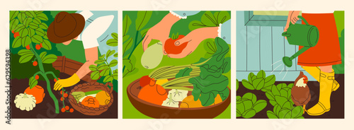 People work in the garden or farm. Set of three Hand drawn Vector illustrations. Harvesting, horticulture, gardening, seasonal agricultural work concept. Poster, print, design template