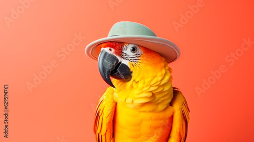 Fashionable anthropomorphic portrait of a yellow parrot wearing a hat