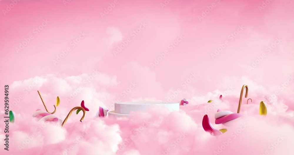 Animated background. Flying in to the sweet world with pink clouds and candies levitating around	