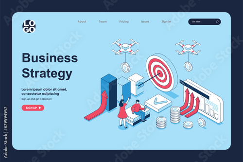 Business strategy concept in 3d isometric design for landing page template. People planning work tasks, targeting, achieving goals, developing company and find solutions. Vector illustration for web