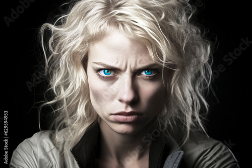 Frontal portrait of a dissatisfied angry looking blond young woman with bright blue eyes, made with generative ai