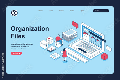 Electronic organization files concept in 3d isometric design for landing page template. People organizing files in folders on laptop, share and storage digital documents. Vector illustration for web