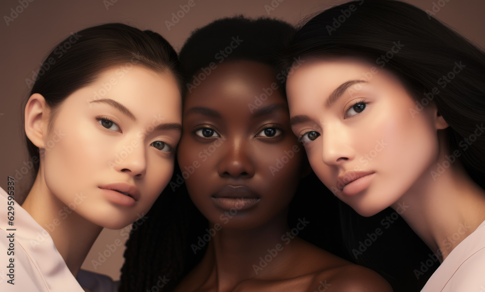 Three young women posing for the camera in a skincare advertising campaign. Generative AI.