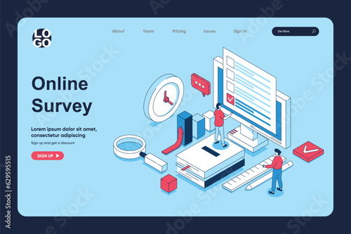 Online survey concept in 3d isometric design for landing page template. People giving feedback and filing digital form with answers, marking in questionnaire on computer. Vector illustration for web