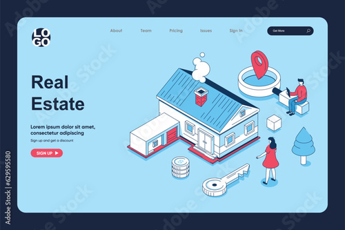 Real estate concept in 3d isometric design for landing page template. People searching new home at housing market, choosing apartments, client buying property for moving. Vector illustration for web