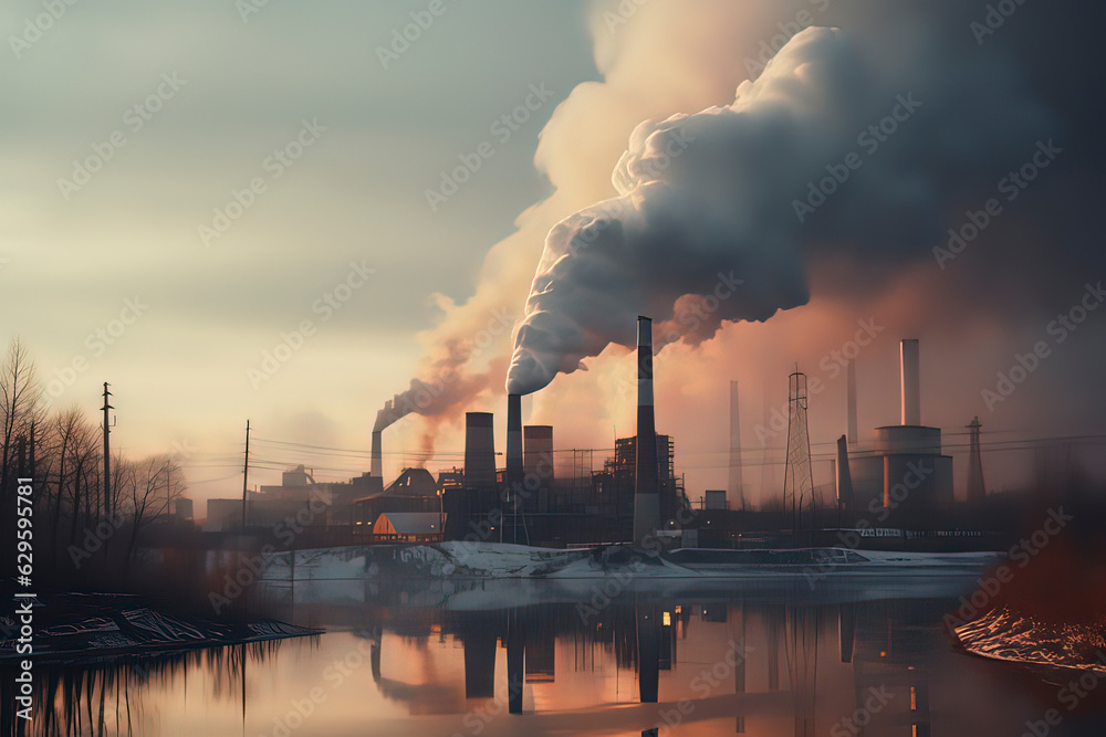The environment is pollution-free, and the chimney of the power plant emits thick smoke. AI technology generated image
