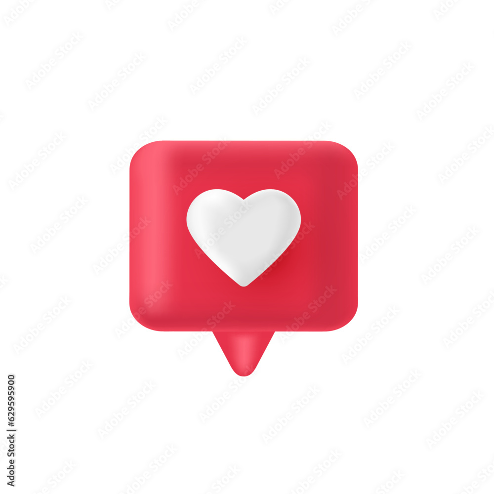 3d render red like icon. Pink comment button. Love element. Social media bubble with heart. Notification label. Share tag. Notice people. Chat speech balloon. Emoji reaction. Vector illustration 3d render red like icon. Pink comment button. Love element. Social media bubble with heart. Notification label. Share tag. Notice people. Chat speech balloon. Emoji reaction. Vector illustration