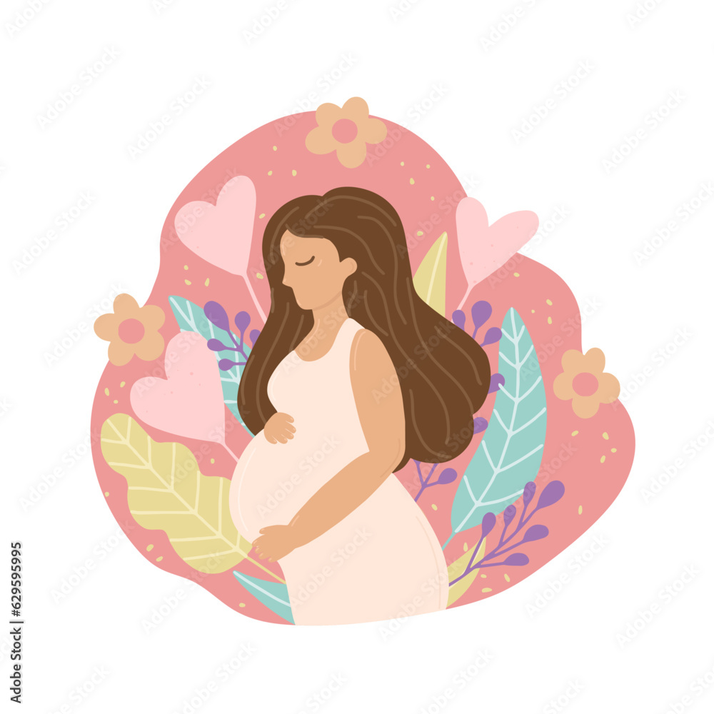 Happy pregnancy banner. Beautiful pregnant woman holds her big belly. Motherhood banner with organic leaves and flowers. Hand drawn design for card, poster, print, social media. Vector illustration Happy pregnancy banner. Beautiful pregnant woman holds her big belly. Motherhood banner with organic leaves and flowers. Hand drawn design for card, poster, print, social media. Vector illustration