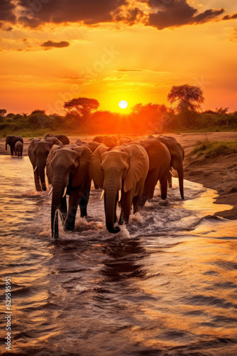 Elephant herd crossing river at sunset © Guido Amrein
