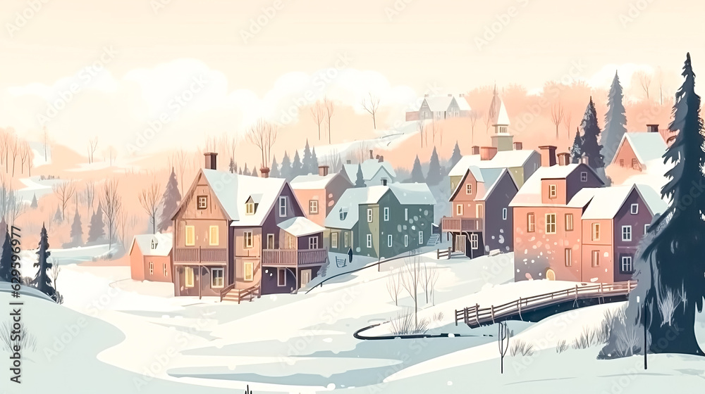 Cartoon illustration with a village in the snow, generative AI.