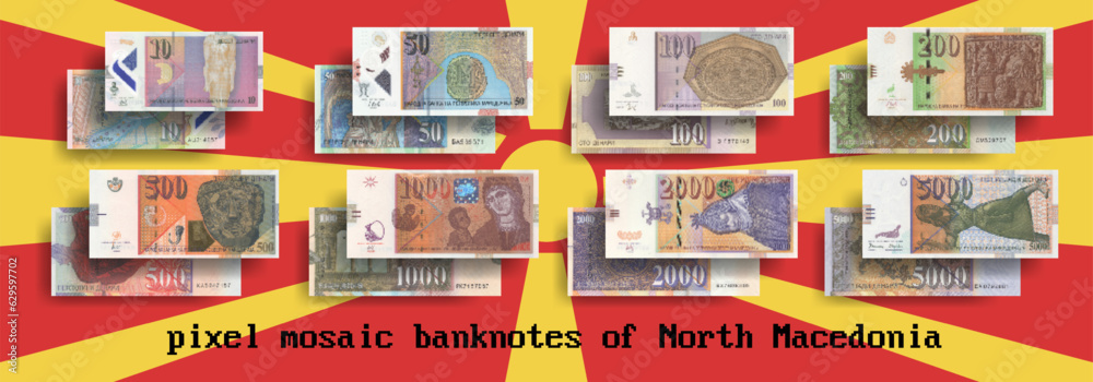 Vector set of pixelated mosaic banknotes of North Macedonia. Bills in denominations of 10, 50, 100, 200, 500, 1000, 2000 and 5000 denars. Flyers or play money.