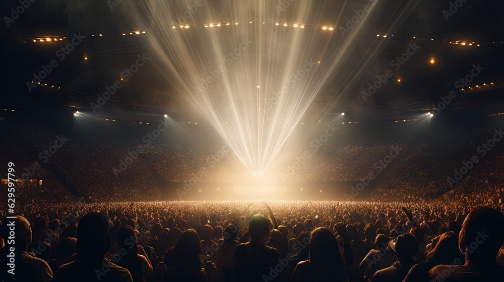 Generative AI, People crowd on music rock festival concert in stadium, big stage lit by spotlights.. Generative AI, People crowd on music rock festival concert in stadium, big stage lit by spotlights..