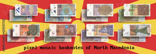 Vector set of pixelated mosaic banknotes of North Macedonia. Bills in denominations of 10, 50, 100, 200, 500, 1000, 2000 and 5000 denars. Flyers or play money.