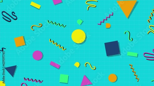 Retro abstract 80's 90's design pattern background. Memphis style with geometrical shapes of different vintage colors, seamless looped 4K animation