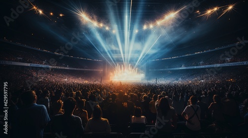 Generative AI, People crowd on music rock festival concert in stadium, big stage lit by spotlights.. © DELstudio