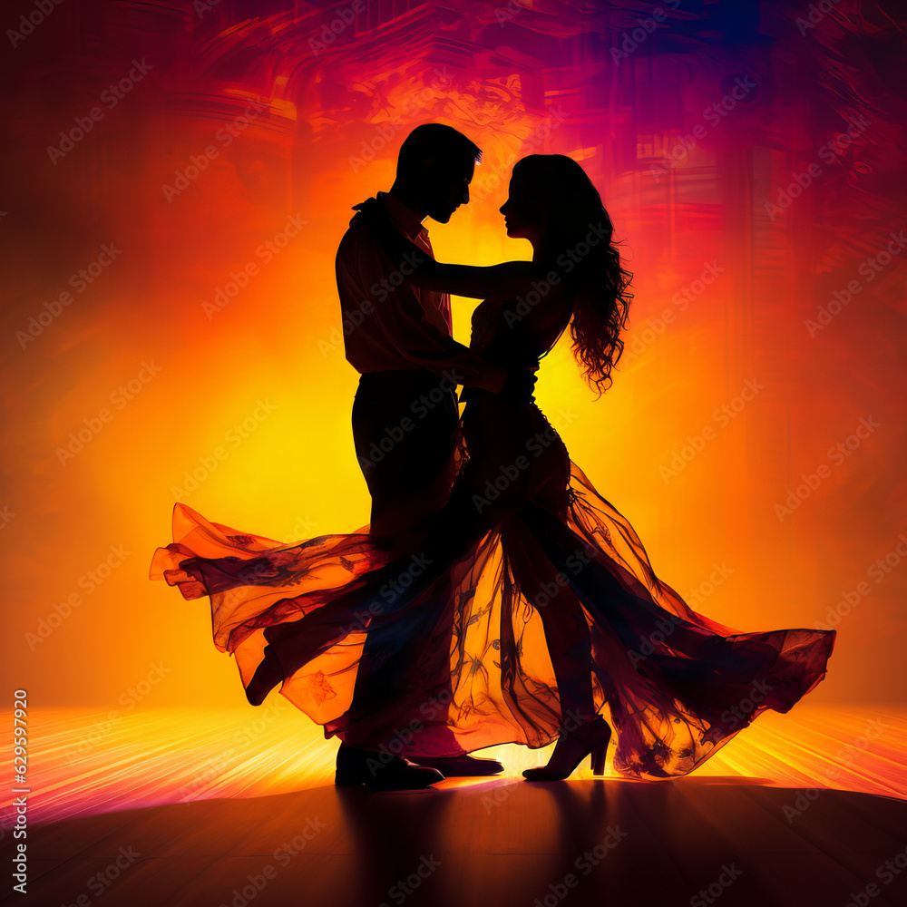 Silhouette of a dancing couple - obrazy, fototapety, plakaty 