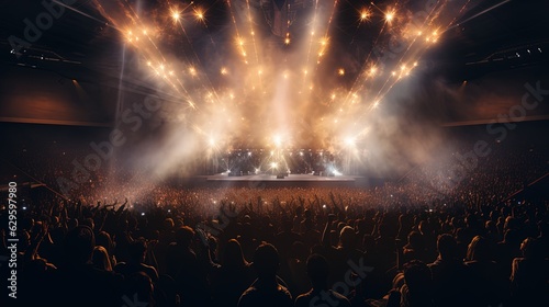 Generative AI, People crowd on music rock festival concert in stadium, big stage lit by spotlights..