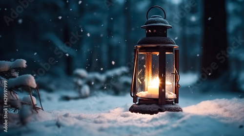 Old lantern in the forest at winter season, generative AI. © puhimec