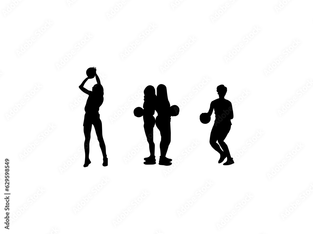Women basketball player silhouettes. Set of women basketball player silhouettes. Women basketball players isolated on white background.