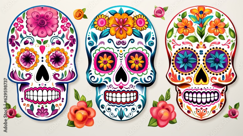 Day of The Dead sugar skulls with floral ornament in watercolor style ...