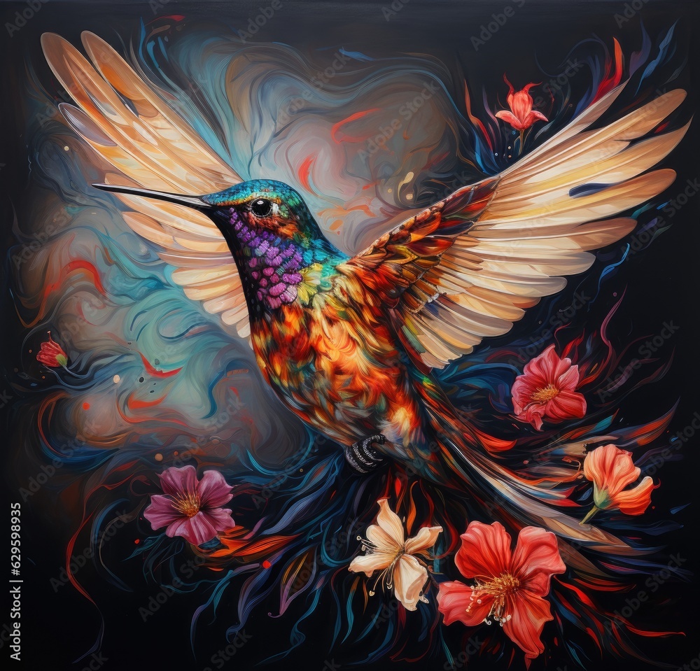 Colorful hummingbird and flowers on a black background. Digital painting stile