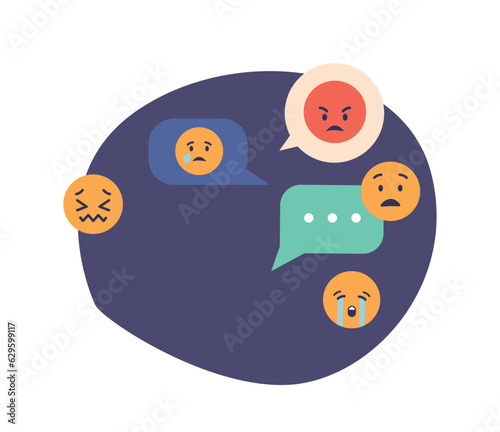 Negative Emoji In Speech Bubbles, Expressing Feelings Of Sadness, Anger, Or Disappointment, Vector Illustration