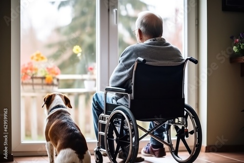 senior disabled man on wheelchair with dog at home feeling sad and depressed looking window outside © olga_demina