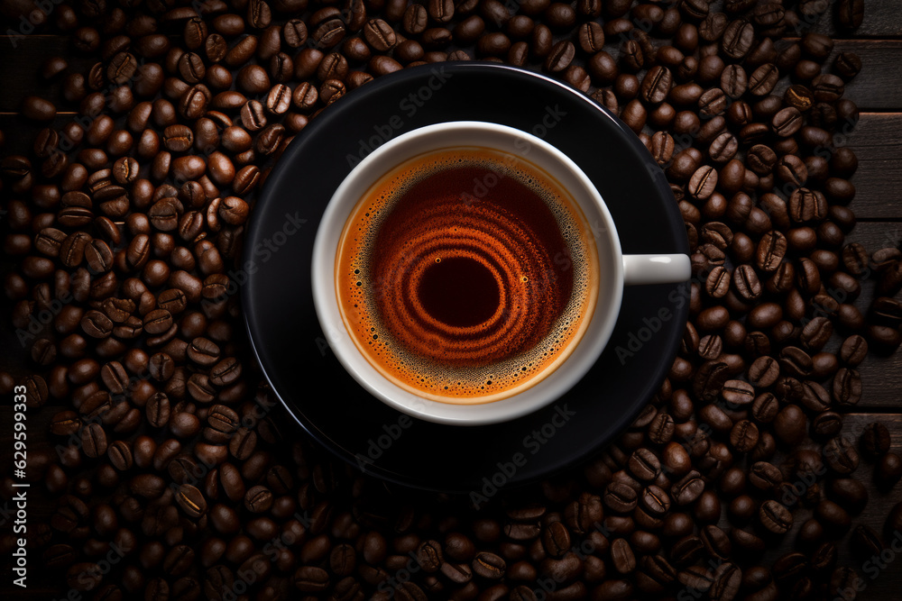 Fototapeta premium White coffee cup with roated beans and copy space. Generative ai.