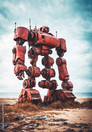 immagine di vecchio e rugginoso robot meccanico gigante abbandonato su un spiaggia, cielo sereno e luminoso, mare calmo, vista dal basso © divgradcurl