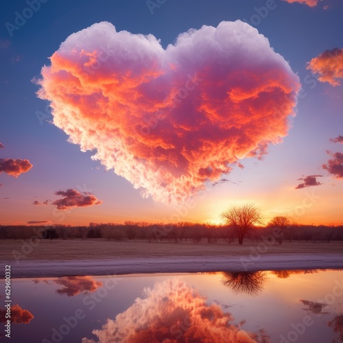 Heart shaped cloud on the background of the sunset sky. Valentines day concept