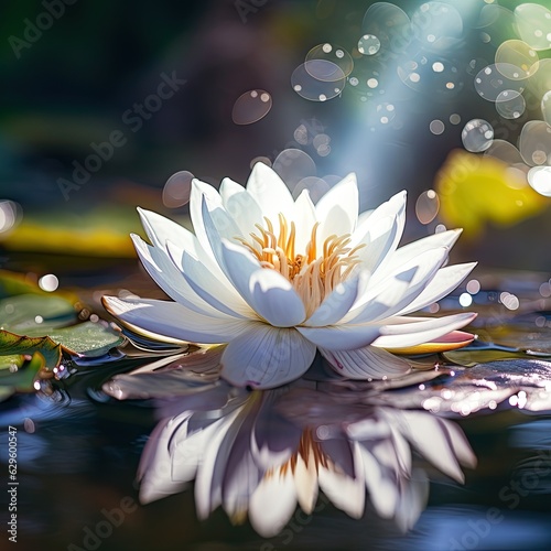 Beautiful water lily in the pond with sunbeams.