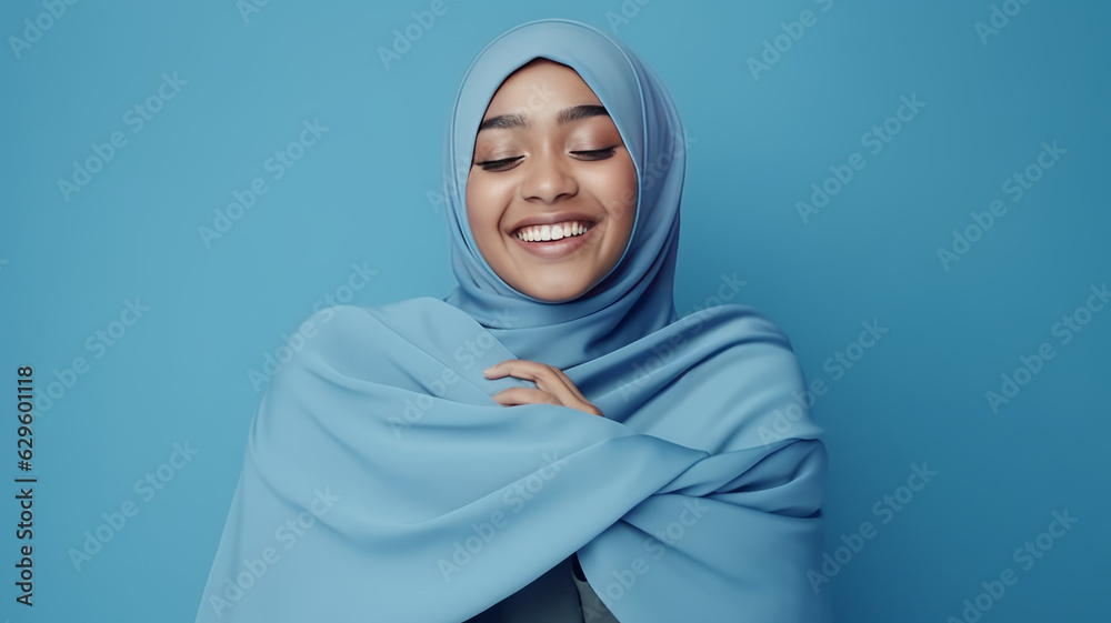 Embrace equity on multiracial Internal Women's Day. Muslim Asian woman good mood hands hug herself shoulders enjoy joyful blue cloth generative ai Embrace equity on multiracial Internal Women's Day. Muslim Asian woman good mood hands hug herself shoulders enjoy joyful blue cloth generative ai