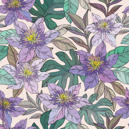 Seamless Pattern with Clematis Flowers