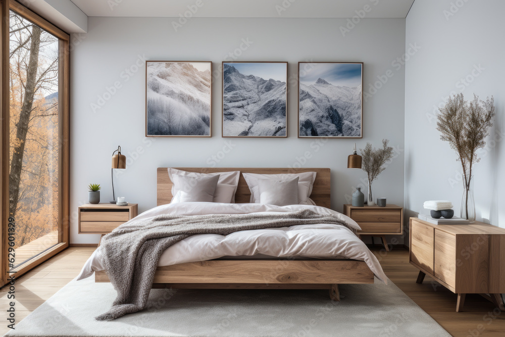 Home mockup scandinavian modern bedroom interior, cozy light design. Generative AI