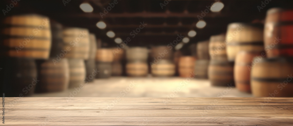 Empty top wooden rustic table with warehouse blur as background. Product mockup stand. Empty top wooden rustic table with warehouse blur as background. Product mockup stand.