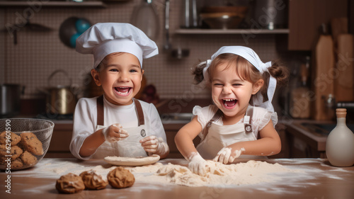 happy family funny kids are preparing the dough, bake cookies in the kitchen, generative ai
