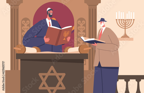 Sacred Gathering At Synagogue, Where Prayers, Torah Readings, And Teachings Are Conducted, Cartoon Vector Illustration