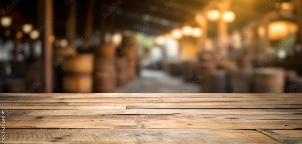 Empty top wooden rustic table with warehouse blur as background. Product mockup stand.
