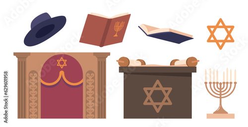 Set of Items Used In Synagogue Services Include Torah Scroll, Prayer Book, or Siddurim, Kippot or Head Covering