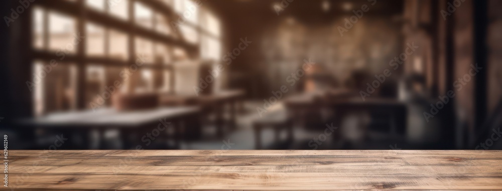 Empty top wooden rustic table with warehouse blur as background. Product mockup stand. Empty top wooden rustic table with warehouse blur as background. Product mockup stand.