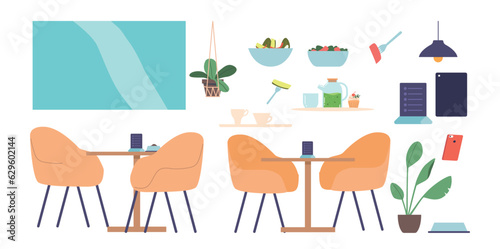 Set Of Cafe Furniture And Items Isolated Icons. Window, Potted Plants, Furniture, Tables And Chairs. Lamp, Bowl