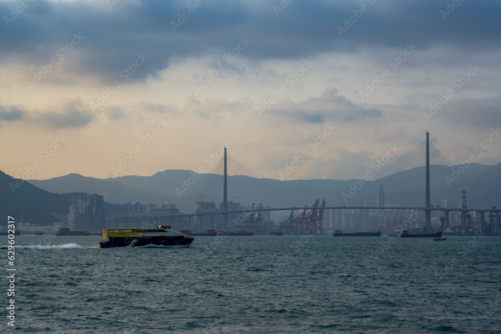Tsing Ma Bridge and cityscape by the sea in Hong Kong