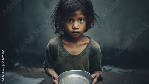 Hungry, starving, poor little child looking at the camera