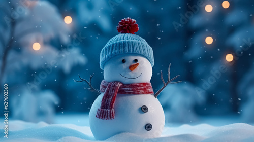 Cheerful snowman in the winter forest, generative AI. © puhimec