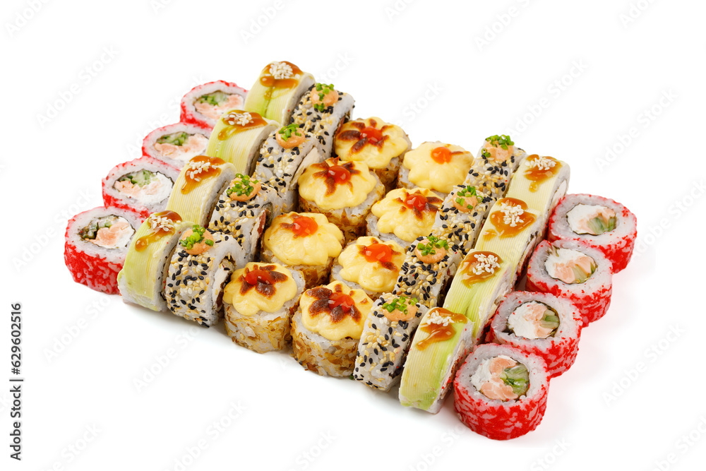 set of rolls with salmon, avocado, cucumber on a white background for a restaurant menu, studio shooting set of rolls with salmon, avocado, cucumber on a white background for a restaurant menu, studio shooting